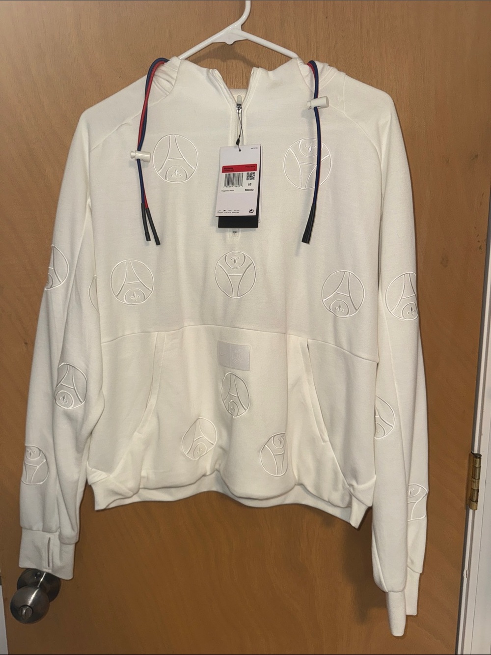 Nike Ivory Embossed Paris OlympicsLogo Half-Zip Hoodie with Red & Blue Drawcords